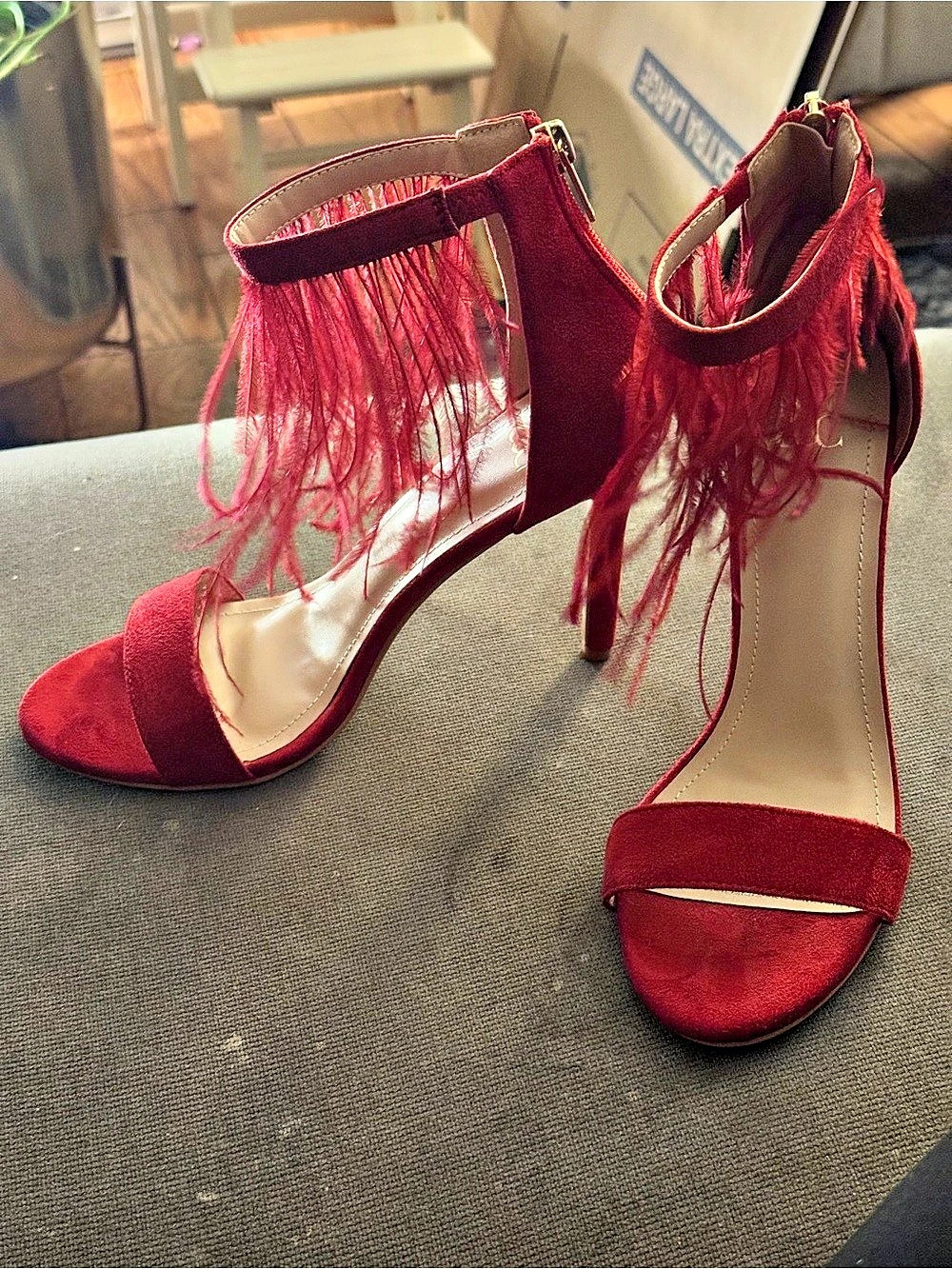 New York & Company Feather Ankle-Strap Heels — Red — US 8 — NWT